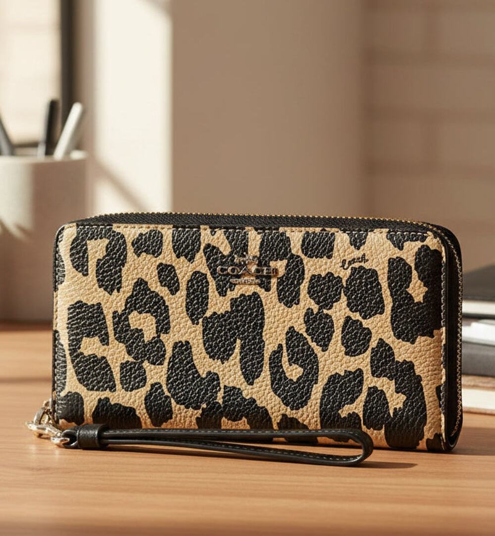Coach CBT24 Leopard Brown Leather Long Zip Phone Wallet